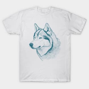 Alaskan Malamute Dog Minimalistic Blue Line drawing T-Shirt